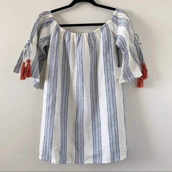 Revolve Tularosa Sara Mini Dress Chambray Striped Off The Shoulder Linen - Picture 13 of 16